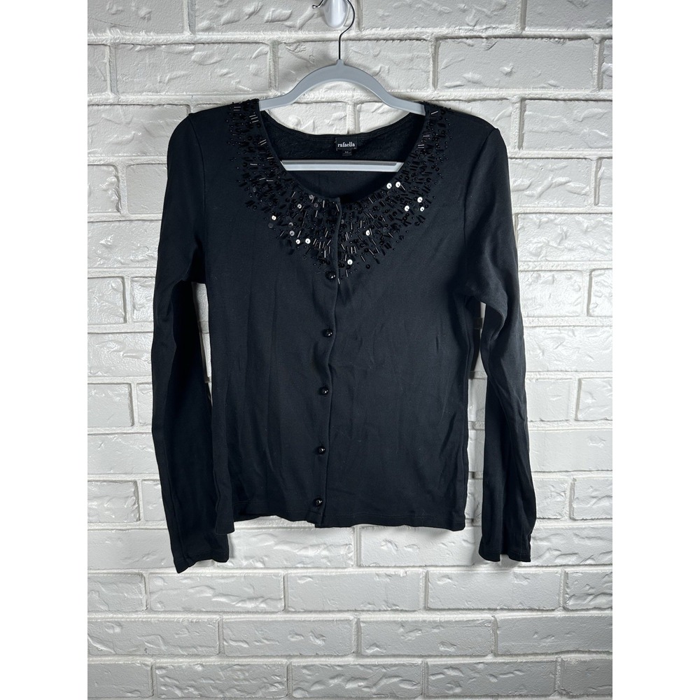 Rafaella M Beaded Cardigan‎ Y2K Black Sequin Embellished Long Sleeve Sweater Top